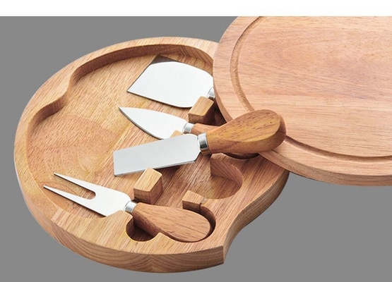 Round Bamboo Swiveling Cheese Board Dan Knife Set Hadiah Pindah Rumah